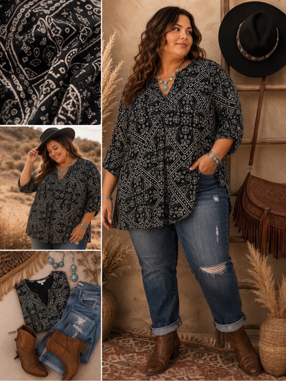 Lucky Brand 1X Plus Boho Paisley Tunic Peasent Top 3/4 Sleeve Cotton Western